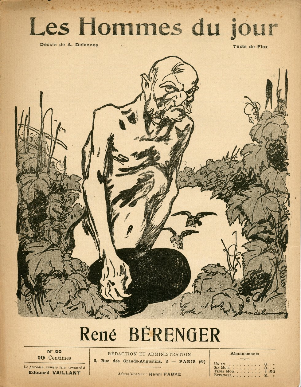 Okładka „Mężczyzn dnia”, satyryczny czarno-biały, ca. 1909: Cenzura - Berenger Rene (1830-1915) - Ilustracja Aristide Delannoy (1874-1911) autorstwa Aristide Delannoy