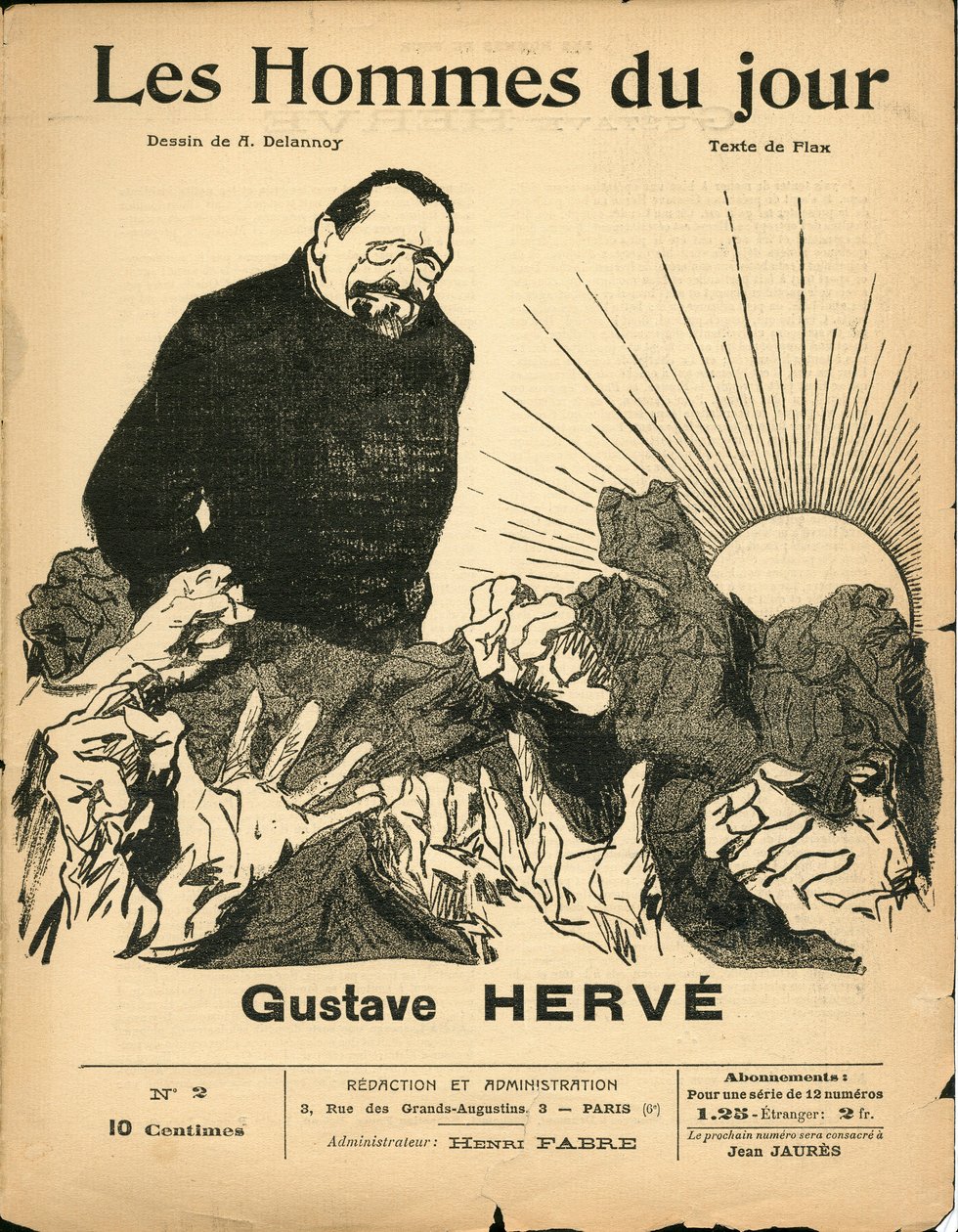 Okładka filmu „Mężczyźni dnia”, numer 2, satyryczny w B&W autorstwa Aristide Delannoy