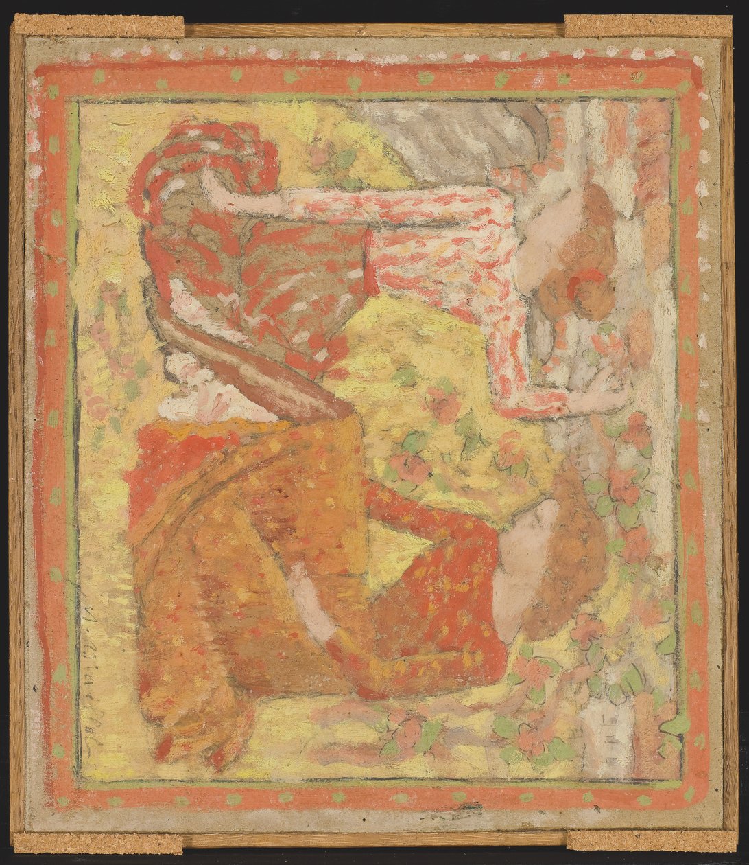 Dwie młode dziewczyny w sadzie (projekt na gobelin), ok. 1895-1900 (olej, tempera i grafit na tekturze naklejony na panel) autorstwa Aristide Maillol