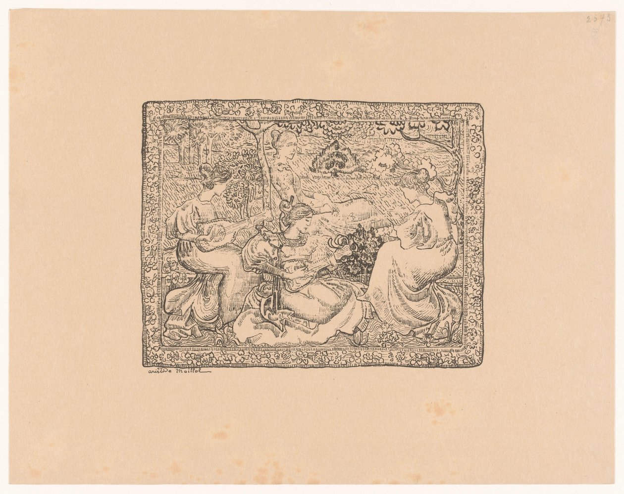 Gobelin z czterema muzykami kobietami w krajobrazie Champêtre koncertowe (tytuł oryginalny) autorstwa Aristide Maillol