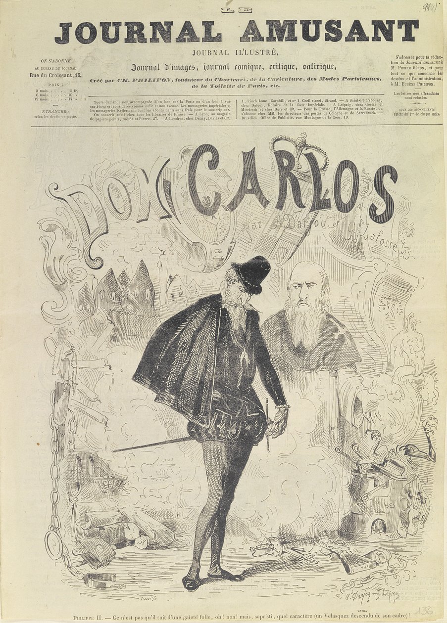 Strona tytułowa „Le Journal Amusant” z karykaturą Don Carlosa z opery „Don Carlos” Giuseppe Verdiego (1813-1901): autorstwa Arjou Henri and Lafosse, G Darfou