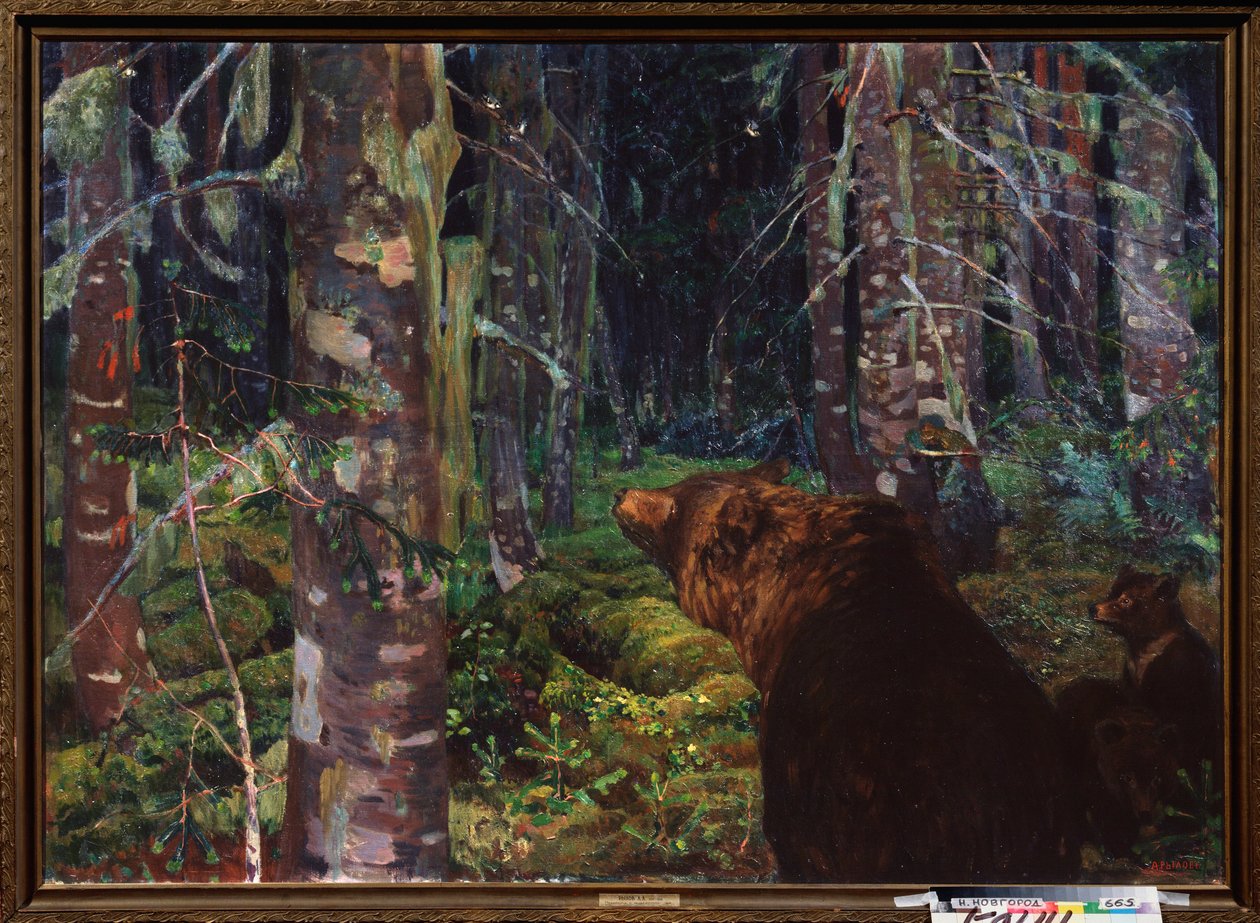 Niedźwiedź. (Z młodymi, w lesie iglastym). Obraz Arkadiego (Arkady) Aleksandrowicza Ryłowa (1870-1939), olej na płótnie autorstwa Arkadij Aleksandrovic Rylov