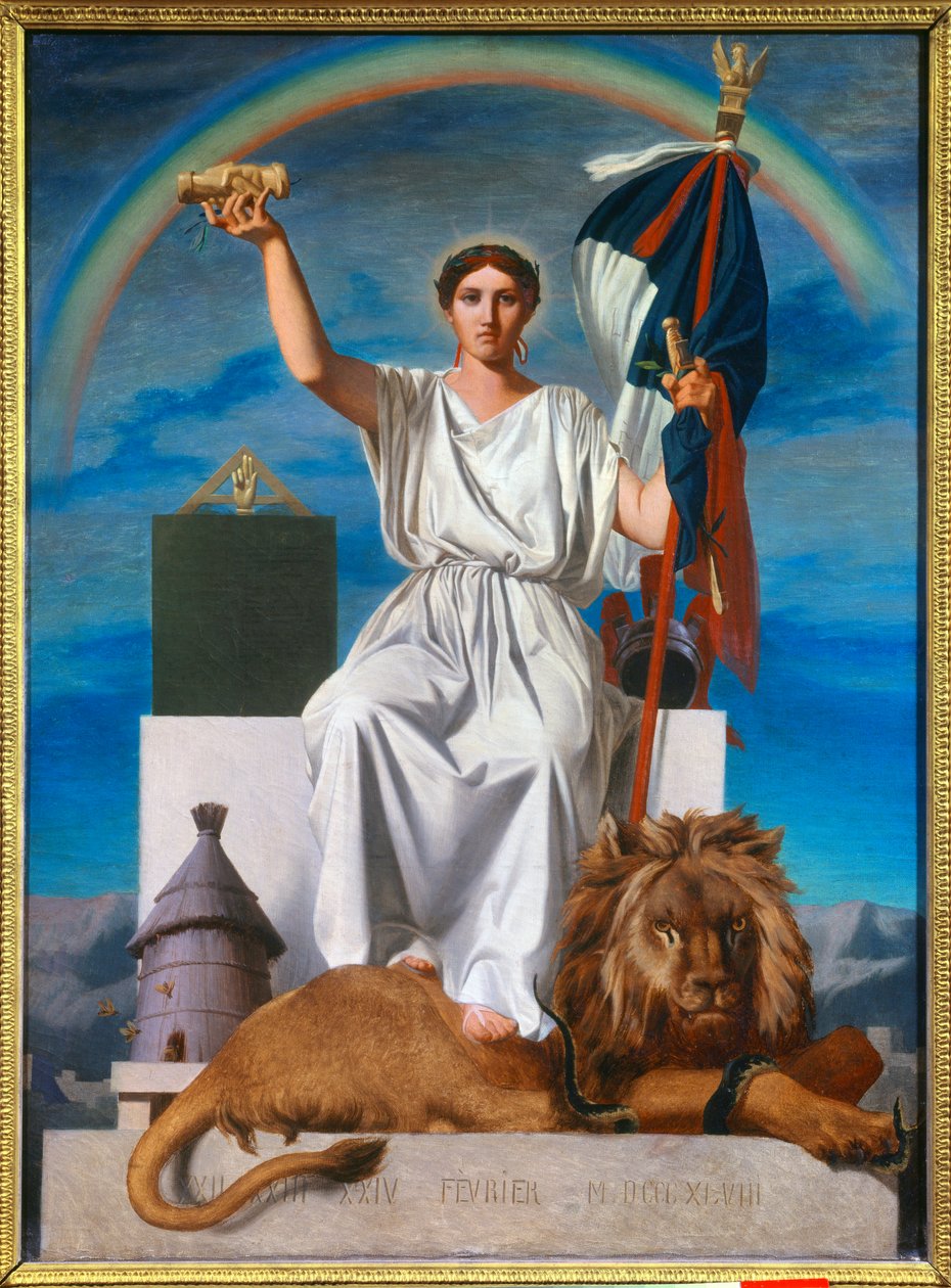 Republika. Alegoria przedstawiająca republikę jako kobieta nosząca wieniec laurowy, symbol pokoju, trzymająca trójkolorową flagę i poziom, symbol równości. Jego stopy spoczywają na lwie, symbol siły leży w pobliżu ula. Tęcza z tyłu ilustruje autorstwa Armand Cambon