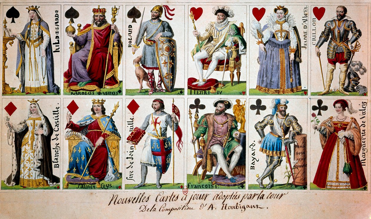 Francuskie postacie historyczne od Karola Wielkiego do Henryka IV. Od lewej do prawej i od góry do dołu: Hildegarda z Vintzgau (757-783), żona Karola Wielkiego; Karol Wielki (Charles I znany jako Karol Wielki 742-814); Rycerz Roland (lub Hroudland), markiz autorstwa Armand Gustave Houbigant