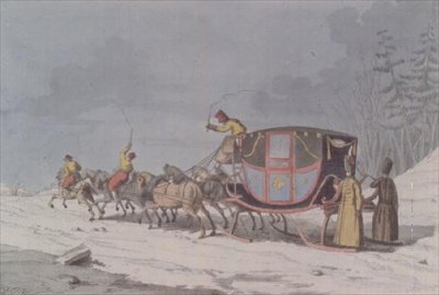 Koń i bryczka na saniach z „Zwyczajów i obyczajów Rosjan” autorstwa Armand Gustave Houbigant