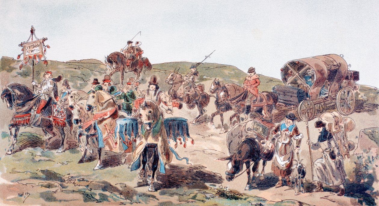 Wóz z eskortą w XV wieku, 1886 r. autorstwa Armand Jean Heins