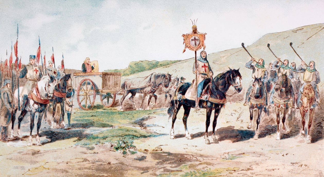 Krzyżowcy w marszu w XI w. z zaopatrzeniowym wozem konnym, 1886 r. autorstwa Armand Jean Heins