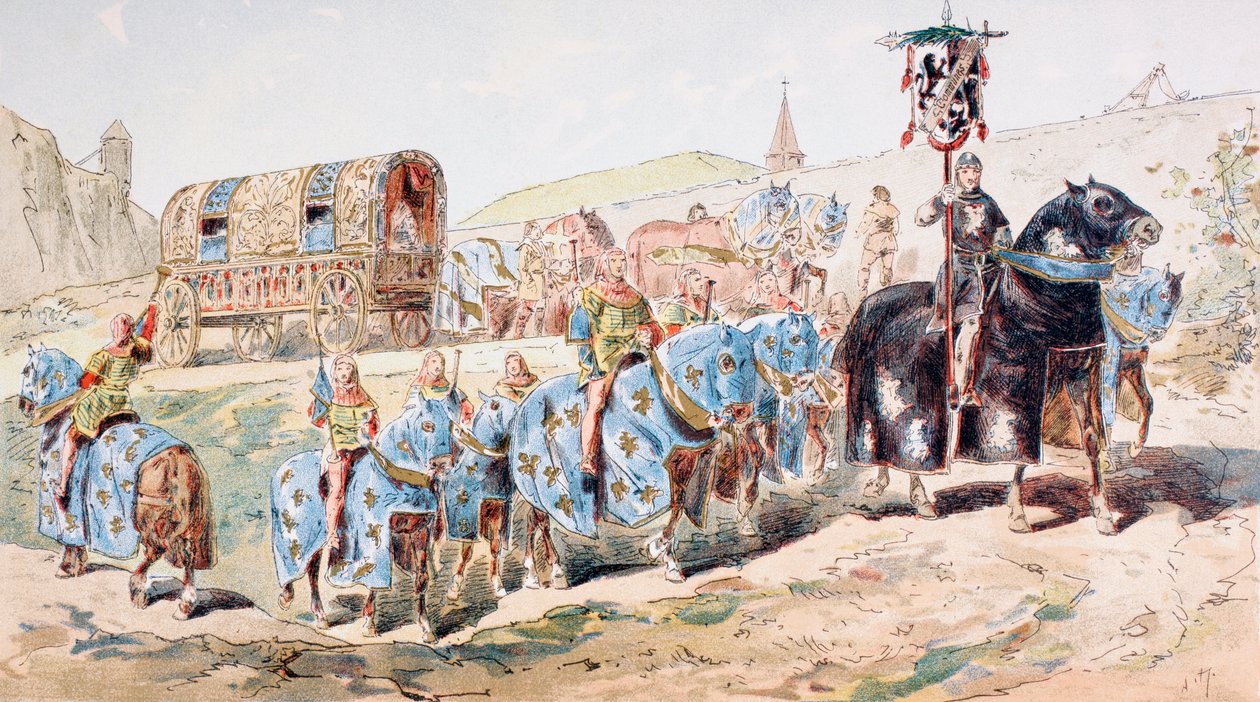 Szlachcianka w powozie konnym eskortowana przez trębaczy w XIII wieku autorstwa Armand Jean Heins