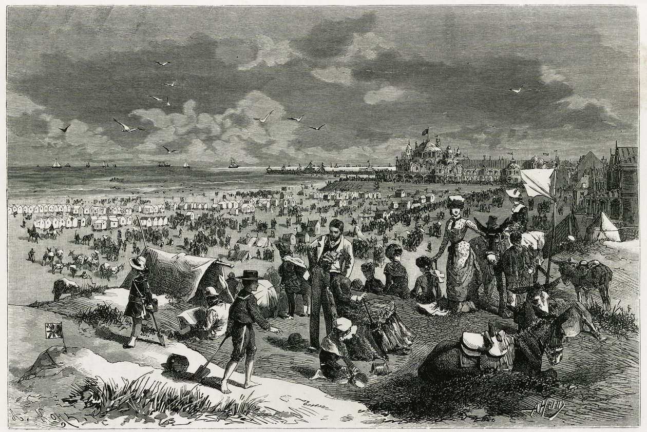 Plaża w Ostendzie. Grawer autorstwa A.Heinsa, ilustrujący historię „La Belgique” autorstwa Camille Lemonnier (1844-1913), pisarza i krytyka sztuki. Opublikowano w Tour du monde nowym czasopiśmie des voyages autorstwa Armand Jean Heins