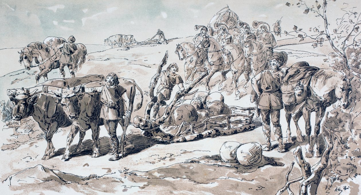 Woły ciągnące prymitywne sanie wyładowane kamieniami, 1886 autorstwa Armand Jean Heins