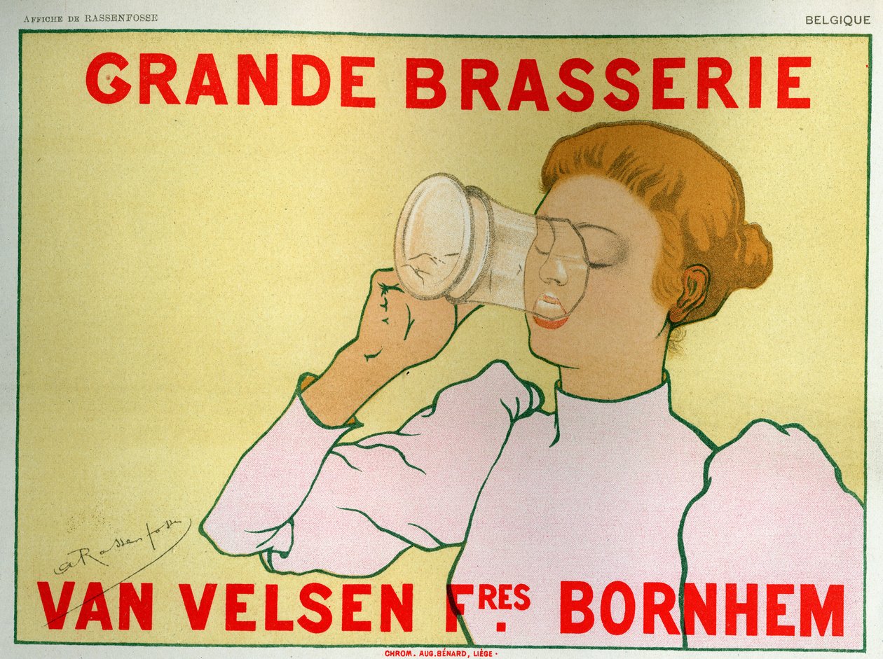 Żywność i napoje. Duży browar Van Velsen, Belgia. Plakat Armanda Rassenfosse, Belgia, c.1890 (plakat) autorstwa Armand Rassenfosse