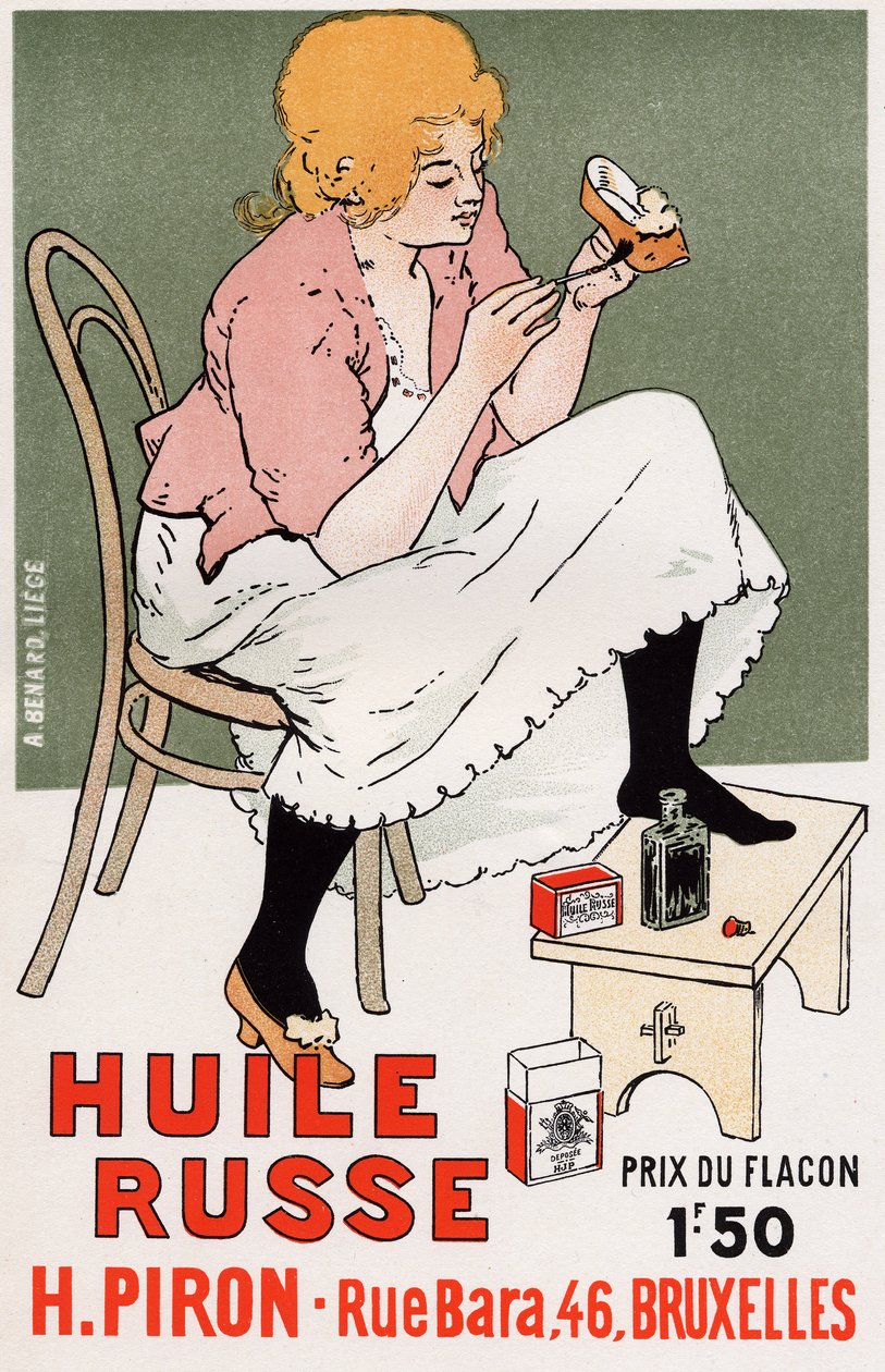 Styl życia. Moda. Rosyjski olej, naprawa obuwia. Plakat Armanda Rassenfosse, Belgia, c.1895 (plakat) autorstwa Armand Rassenfosse