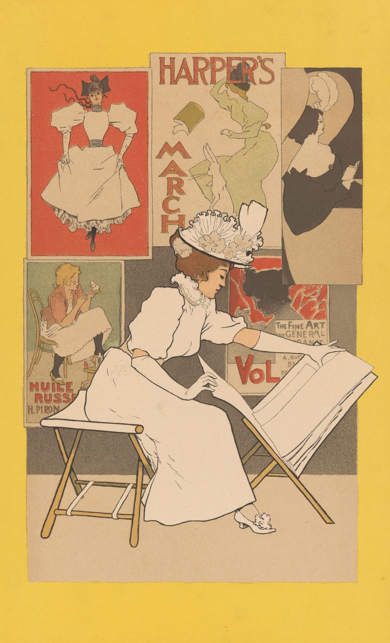 Siedząca kobieta na stoisku patrząca na odbitki, 1897 autorstwa Armand Rassenfosse