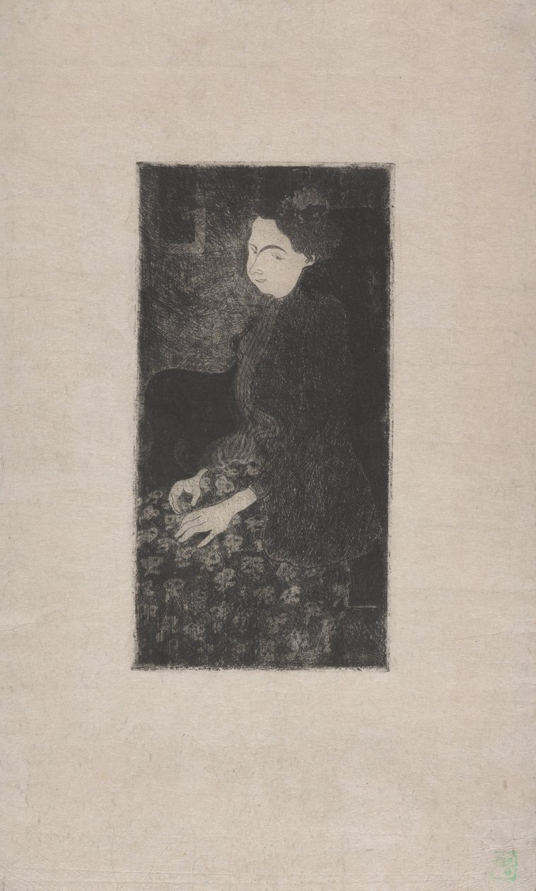 Femme assise avec chapeau a pióropusze (siedząca kobieta w kapeluszu z piórami) ok. 1893 r. (akwaforta, sucha igła i punktowanie) autorstwa Armand Séguin