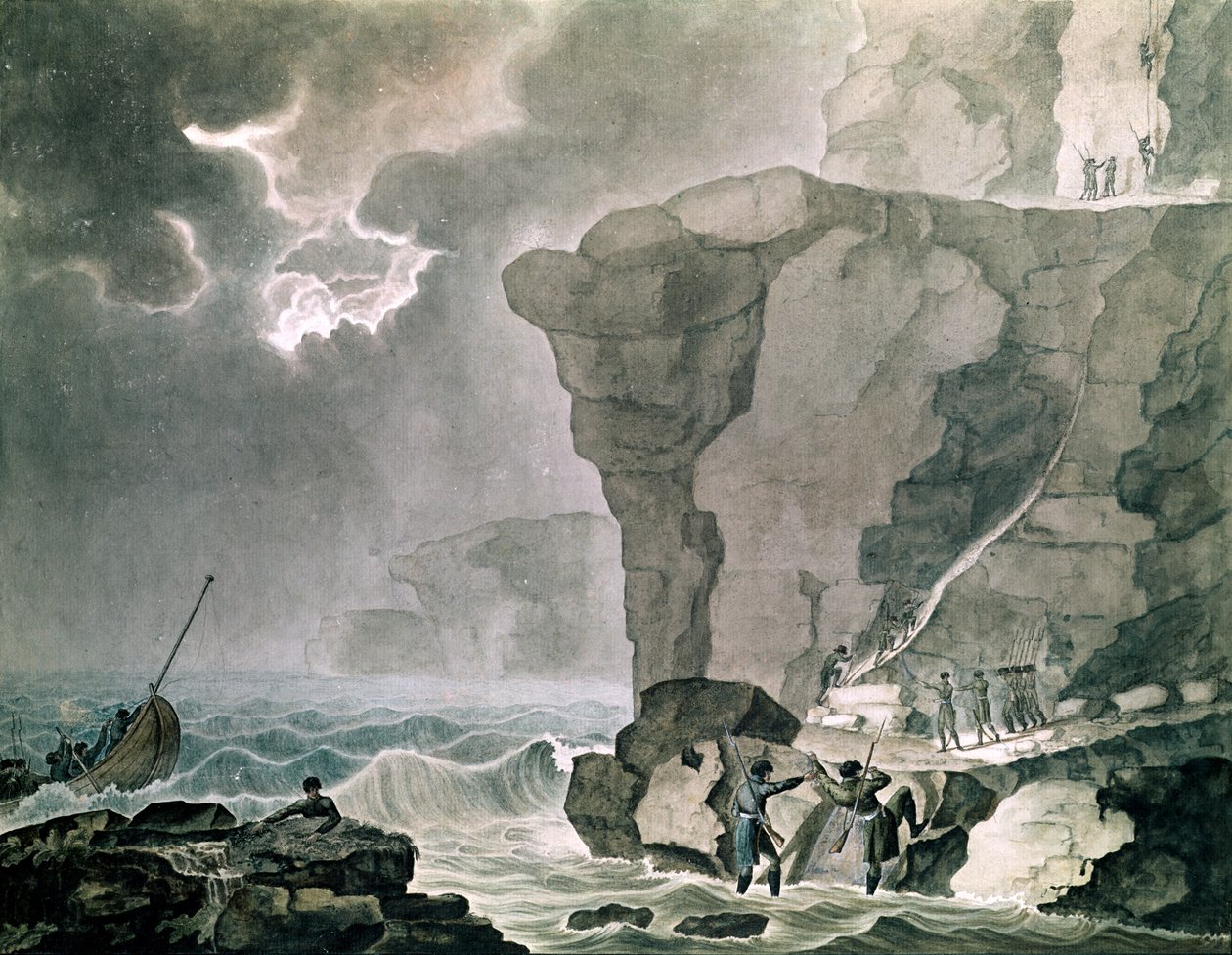 Lądowanie konspiratorów w aferze cadouda na klifie Biville niedaleko Dieppe, 16 stycznia 1804 r. (wc na papierze) autorstwa Armand de Polignac
