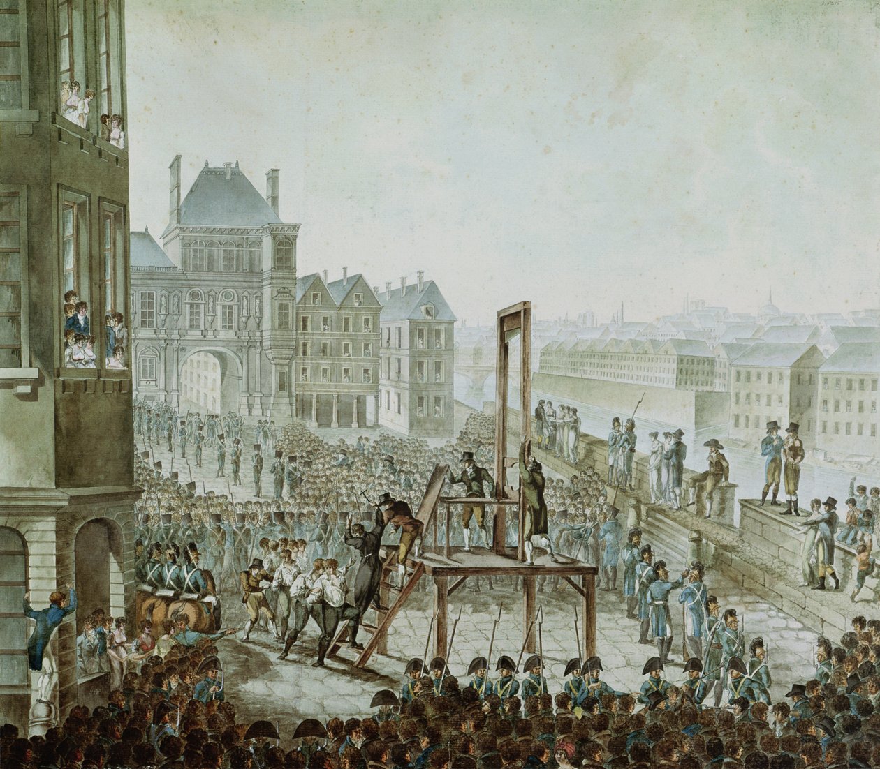 Egzekucja Georges Cadoudal (1771-1804) i jego wspólnicy, Place de Greve, 25 czerwca 1804 (wc na papierze) autorstwa Armand de Polignac