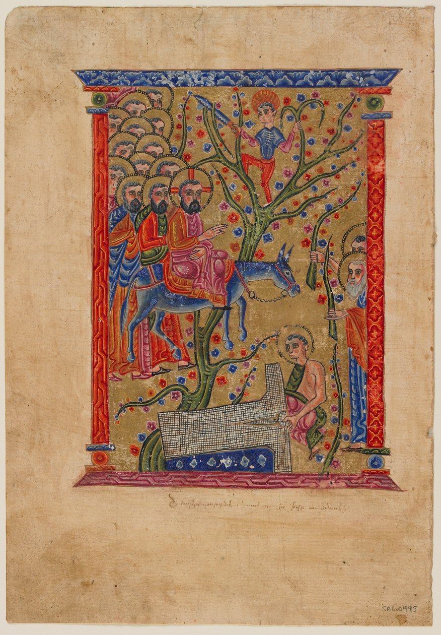 Folio z rękopisu ormiańskiego: Wjazd do Jerozolimy, ok. 1500 (atrament, nieprzezroczysta toaleta i złoto na papierze) autorstwa Armenian School