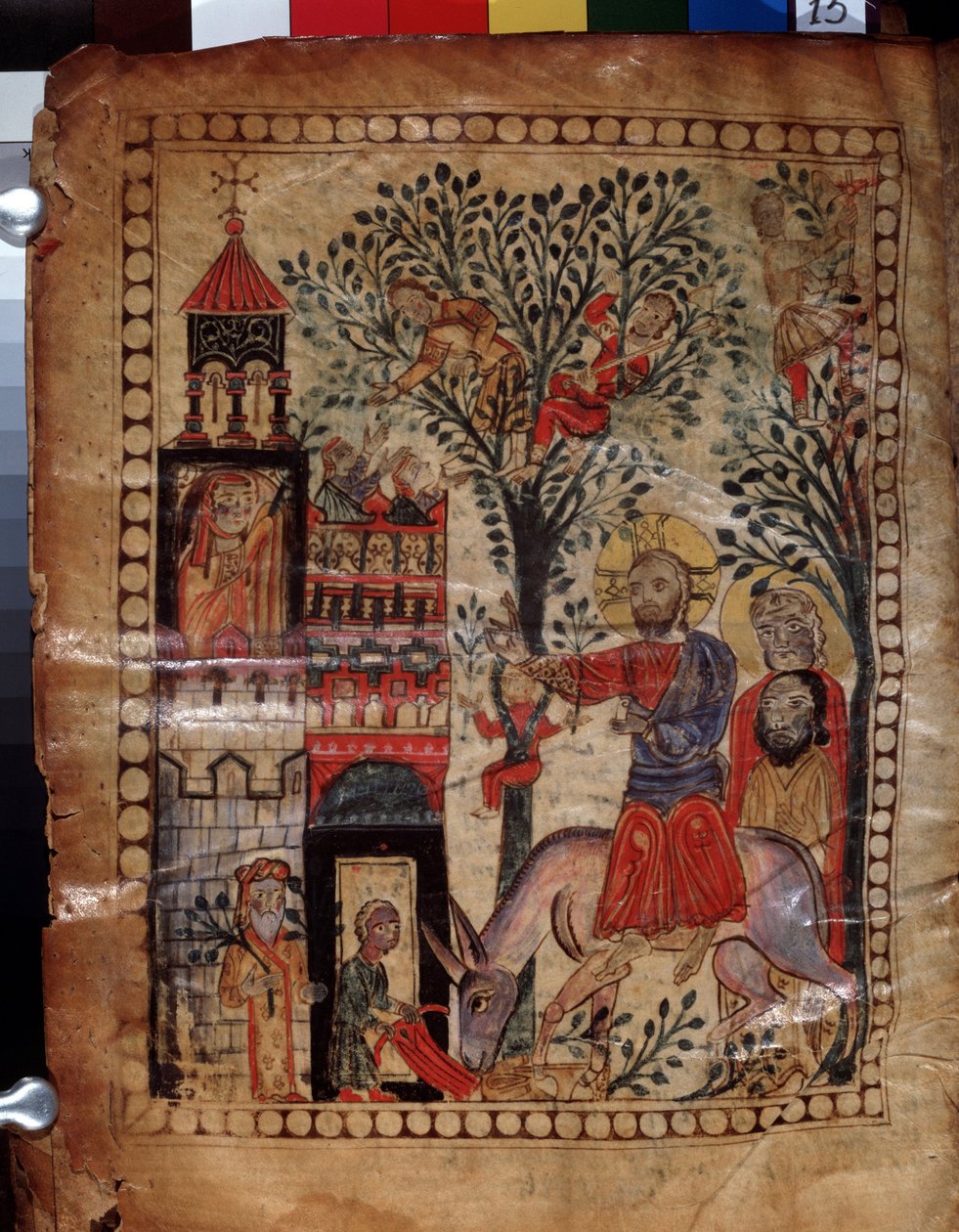 Wejście Chrystusa do Jerozolimy (Izrael). Iluminacja mistrza Codex Matenadaran (XIII w.), miniatura, akwarela na pergaminie autorstwa Armenian School