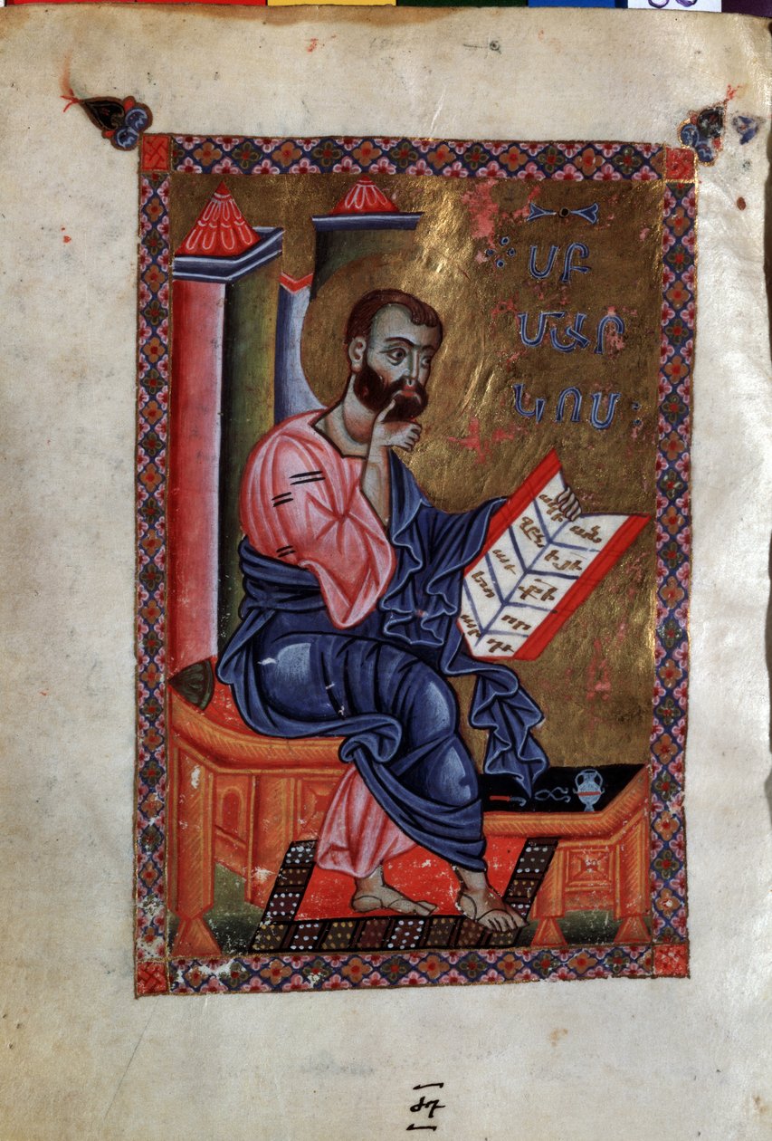Św. Marek Ewangelista (Marek Ewangelista). Iluminacja mistrza Codex Matenadaran (XIII w.), miniatura, akwarela na pergaminie autorstwa Armenian School
