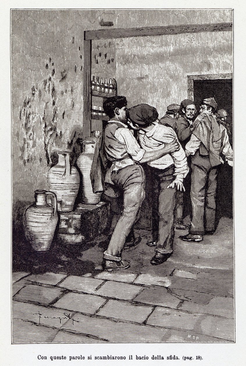 Zaproszenie na sycylijski pojedynek przez śmiertelnego „pocałunku”, właściwie ugryzienie w ucho. Ilustracja autorstwa Arnaldo Ferraguti do nowej „Cavalleria Rusticana” Giovanniego Vergi. 1897 autorstwa Arnaldo Ferraguti