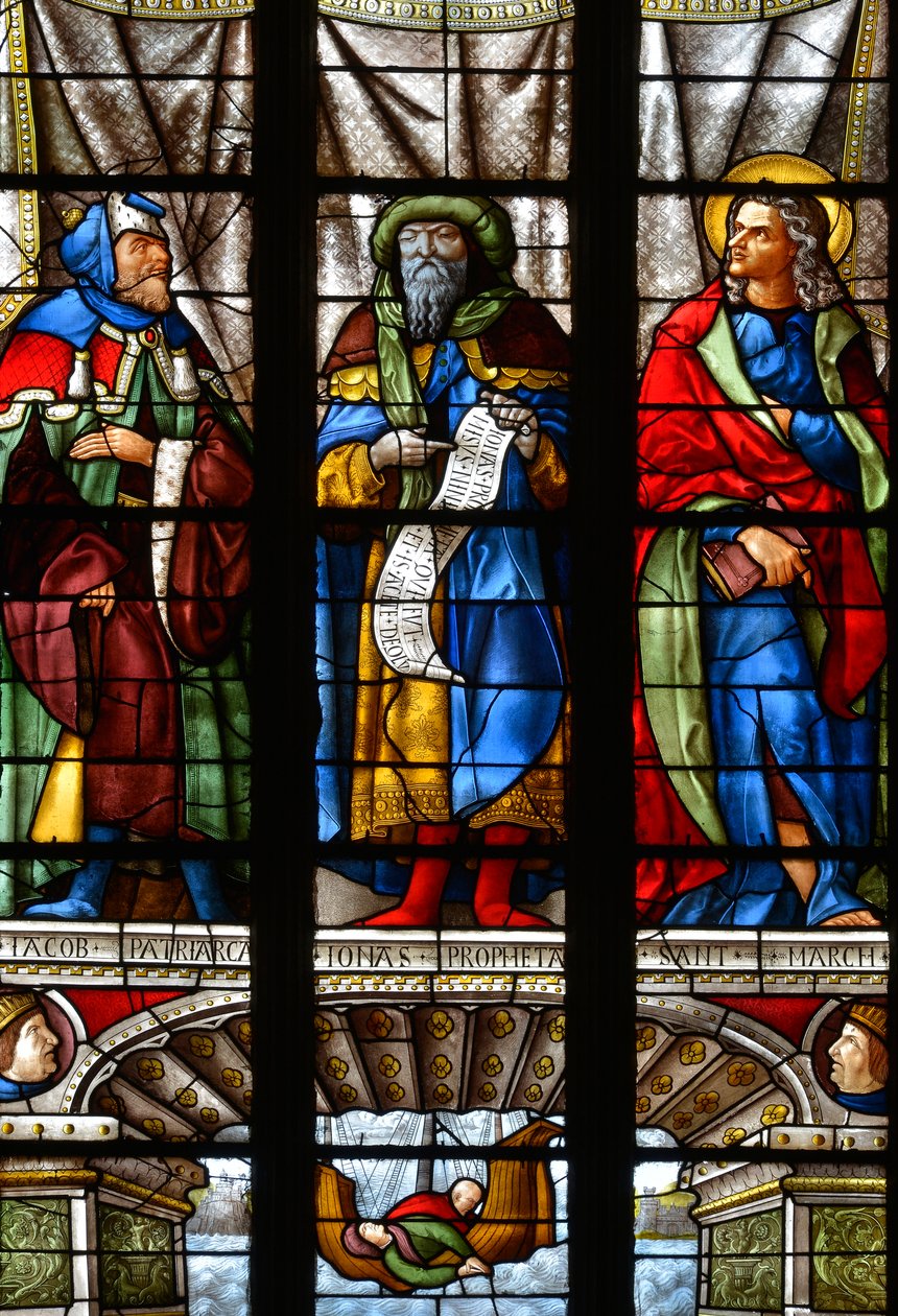 Jakub, Jonasz i św. Marek - Witraż w kaplicy św. Anny, Arnaud de Moles (1470-1520) ukończony w 1513 r. - Cathedrale Sainte Marie d