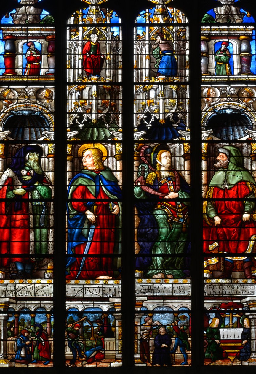 Święty Matthias (Mathias), Ezra (lub Ezra), Prorok Habakuk (lub Habakuk) i Sybilla Tiburtine (lub Albunea z Tiburu) - Witraż Kaplicy Męki Pańskiej Arnauda de Moles (1470-1520) ukończona w 1513 r. - Katedra Najświętszej Marii Panny Auch (ger autorstwa Arnaud de Moles