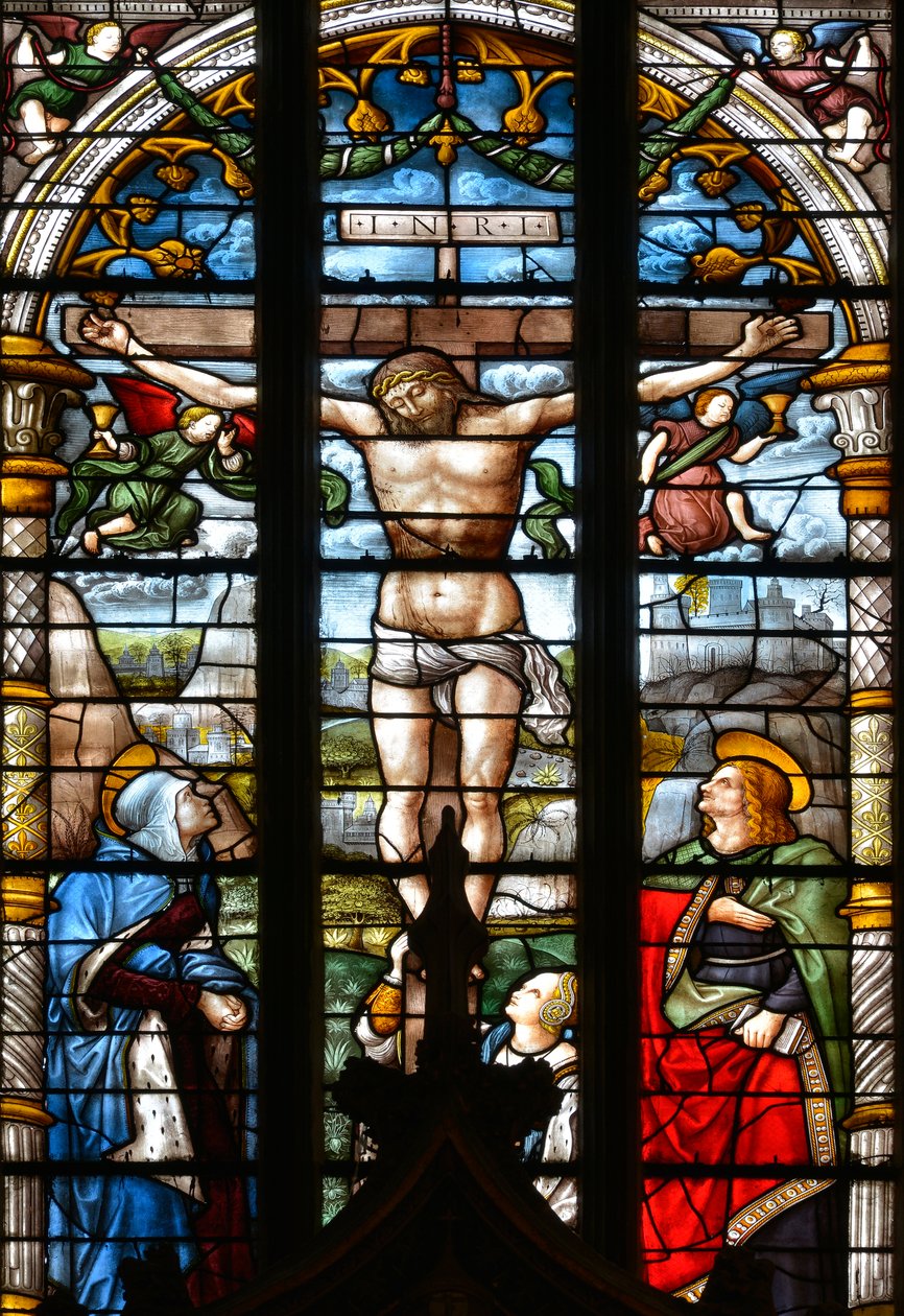 Ukrzyżowanie z Matką Boską, św. Janem i Marią Magdaleną u stóp Krzyża - Witraż w kaplicy Najświętszego Sakramentu pędzla Arnauda de Moles (1470-1520) ukończony w 1513 r. - Cathedrale Sainte Marie d