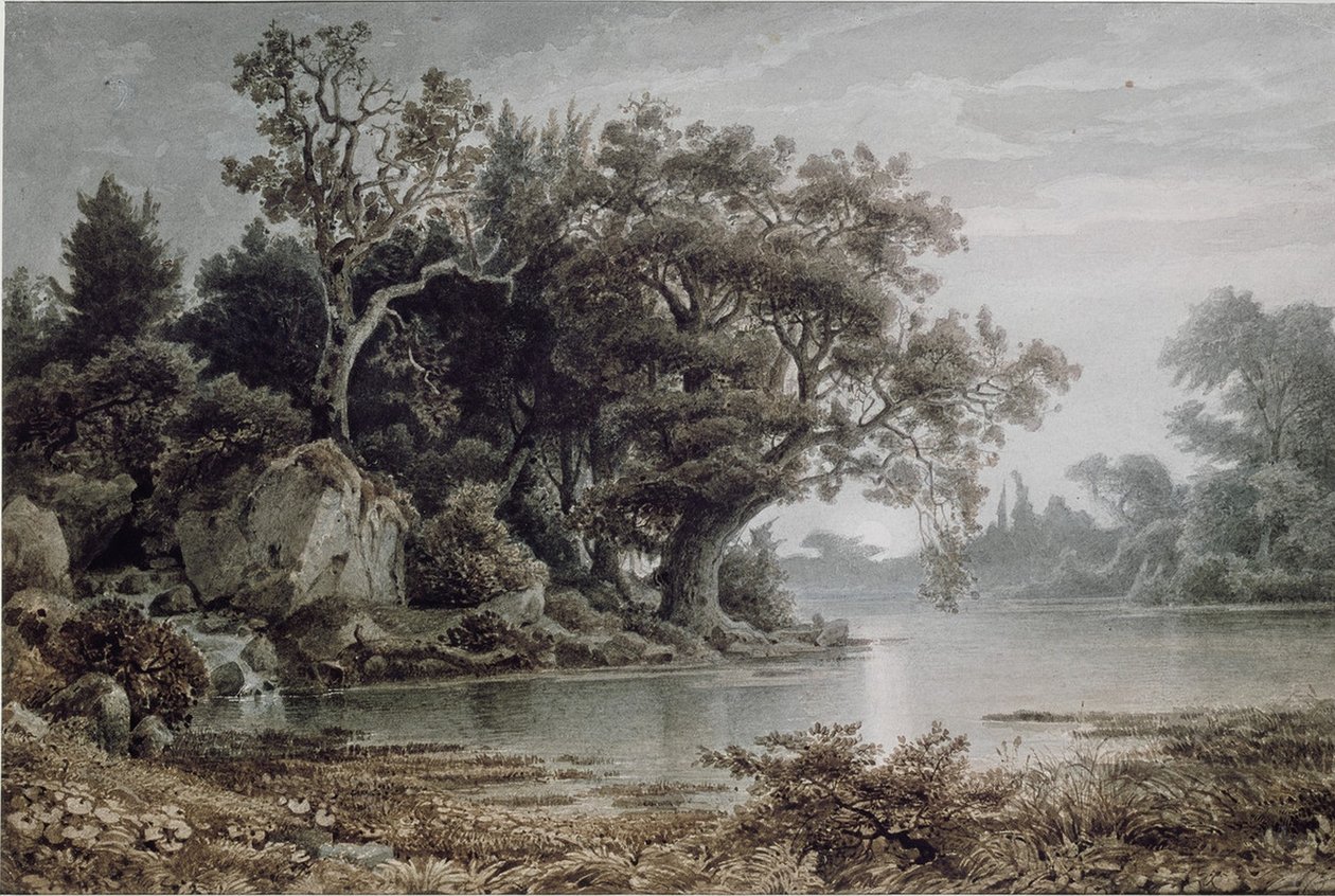 Leśny krajobraz nad wodą z wschodzącym księżycem autorstwa Arnold Böcklin