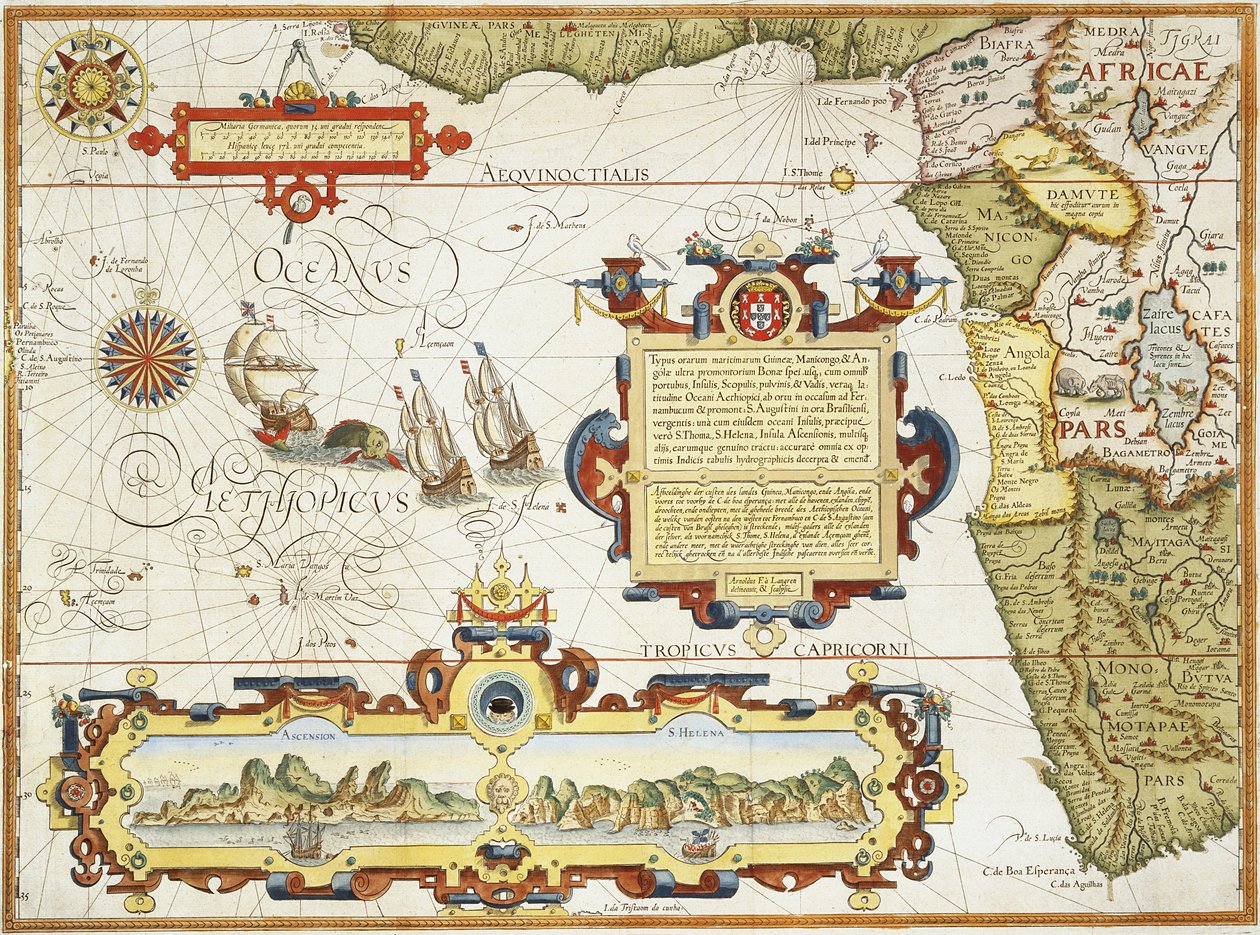Mapa wybrzeża Afryki Zachodniej, 1596 (ręcznie kolorowe grawerowanie) autorstwa Arnold Florent van Langren