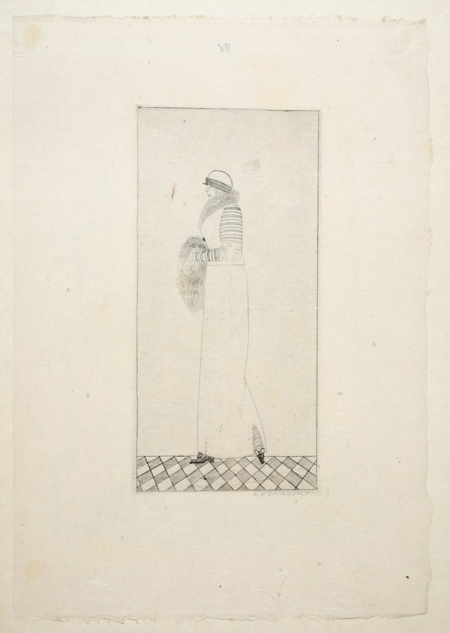 Projekt sukni dziennej, plansza 7, księga 1, ilustracja z Wiener Werkstatte Mode 191415, wyd. Eduard Kosmack, Wiedeń, 1914-1915 (linoryt ręcznie kolorowany) autorstwa Arnold Nechansky
