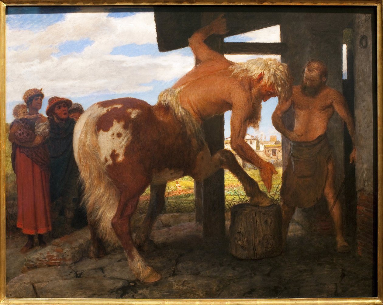 Centaur u wiejskiego kowala. Obraz Arnolda Bocklina (1829-1901), olej na płótnie autorstwa Arnold Böcklin