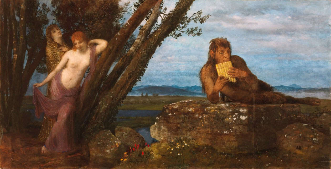 "Soiree de Printemps" (Wiosenny wieczór) Pan gra na flecie, leżąc na skale, podczas gdy dwie nereidy opierają się lubieżnie o pnie - Obraz Arnolda Bocklina (1827-1901) 1879 Muzeum Szepmuveszeti, Budapeszt autorstwa Arnold Böcklin