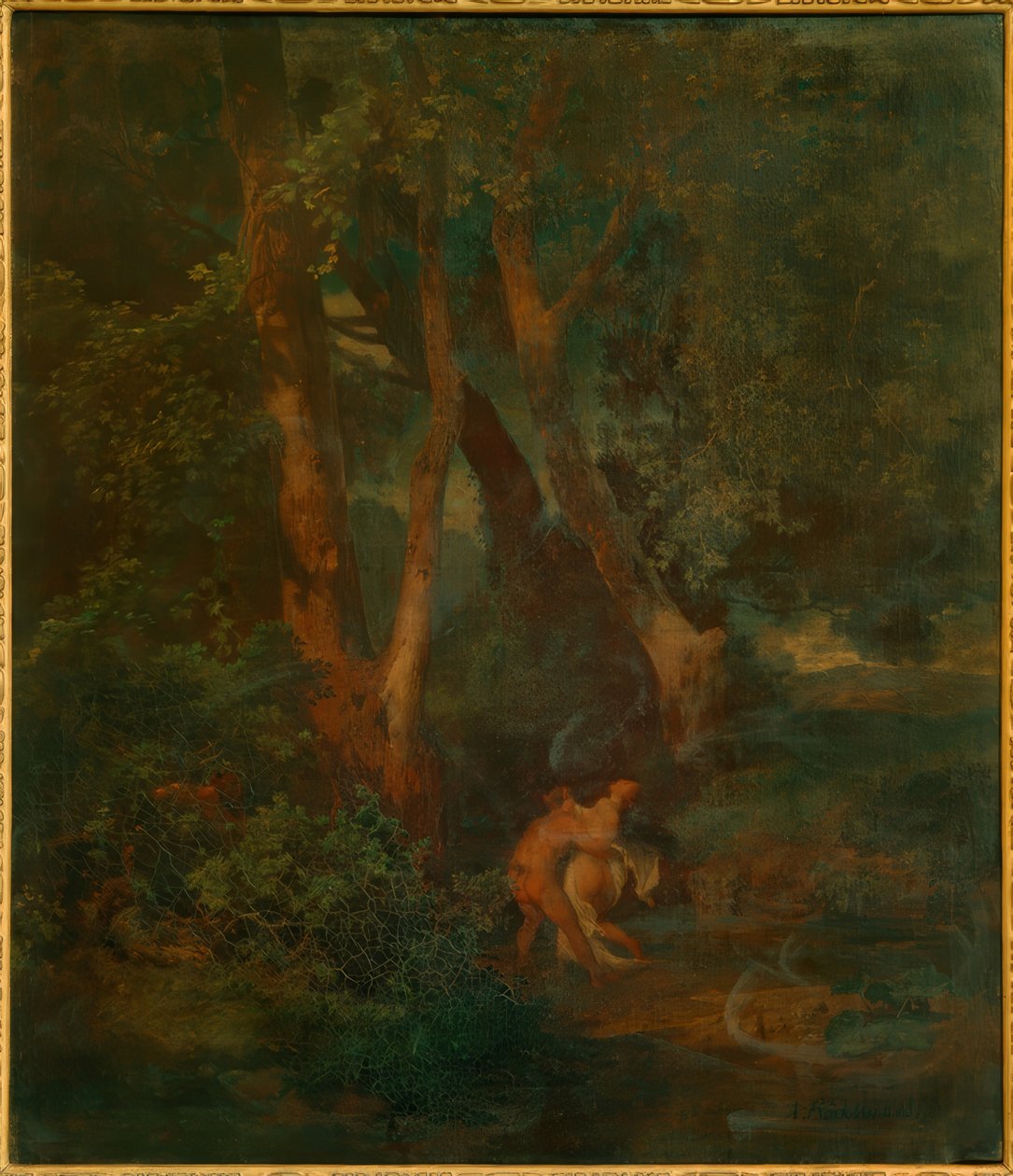Skraj lasu z faunem i nimfą (lub faun, jeden walczący) autorstwa Arnold Böcklin