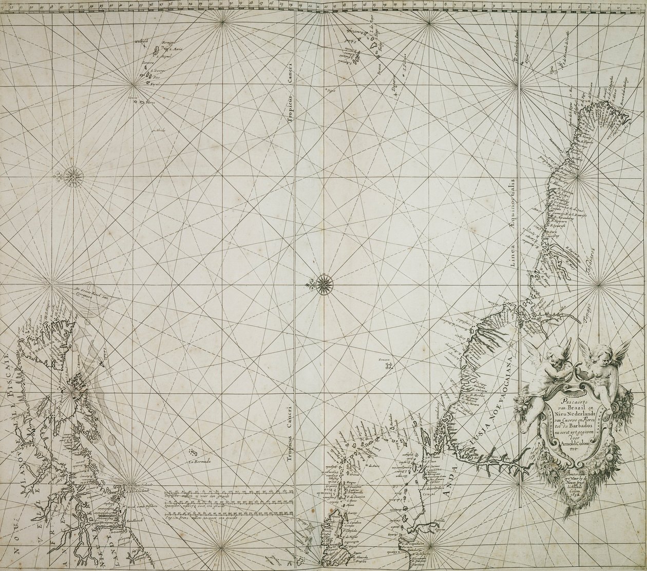 Mapa Brazylii oprawiona w "Atlas of werelts-water-deel en des selfs zee-custen" Jacoba Coloma. autorstwa Arnold Colom