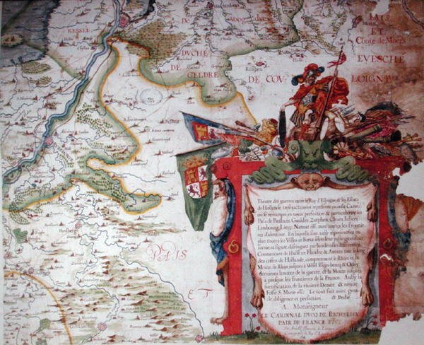 Kartusz z dedykacją dla kardynała Richelieu (1585-1642) oraz mapa Niderlandów w czasie wojny trzydziestoletniej (1618-48), z „Theatre des guerres entre le roy d