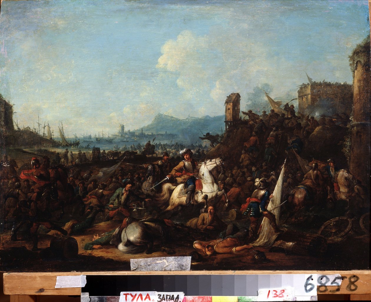 Oblężenie La Rochelle, październik 1628 (Oblężenie La Rochelle w październiku 1628). Obraz Arnolda Fransa Rubensa (1687-1719). Olej na drewnie, 39,5 x 57 cm. Sztuka flamandzka, styl barokowy. Państwowe Muzeum Sztuki, Tula (lub Tolan). autorstwa Arnold Frans Rubens