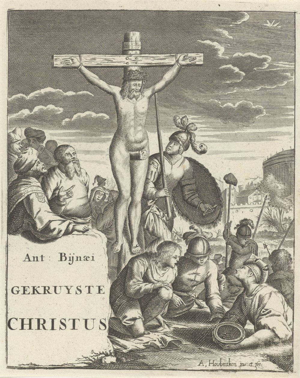 Chrystus na krzyżu Strona tytułowa dla: A. Byneus, Chrystus Ukrzyżowany, 1725 autorstwa Arnold Houbraken