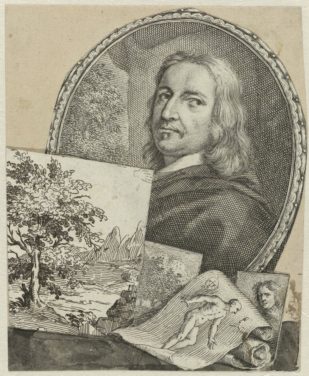 Portret Philippe’a de Champaigne’a w technice kolażu autorstwa Arnold Houbraken