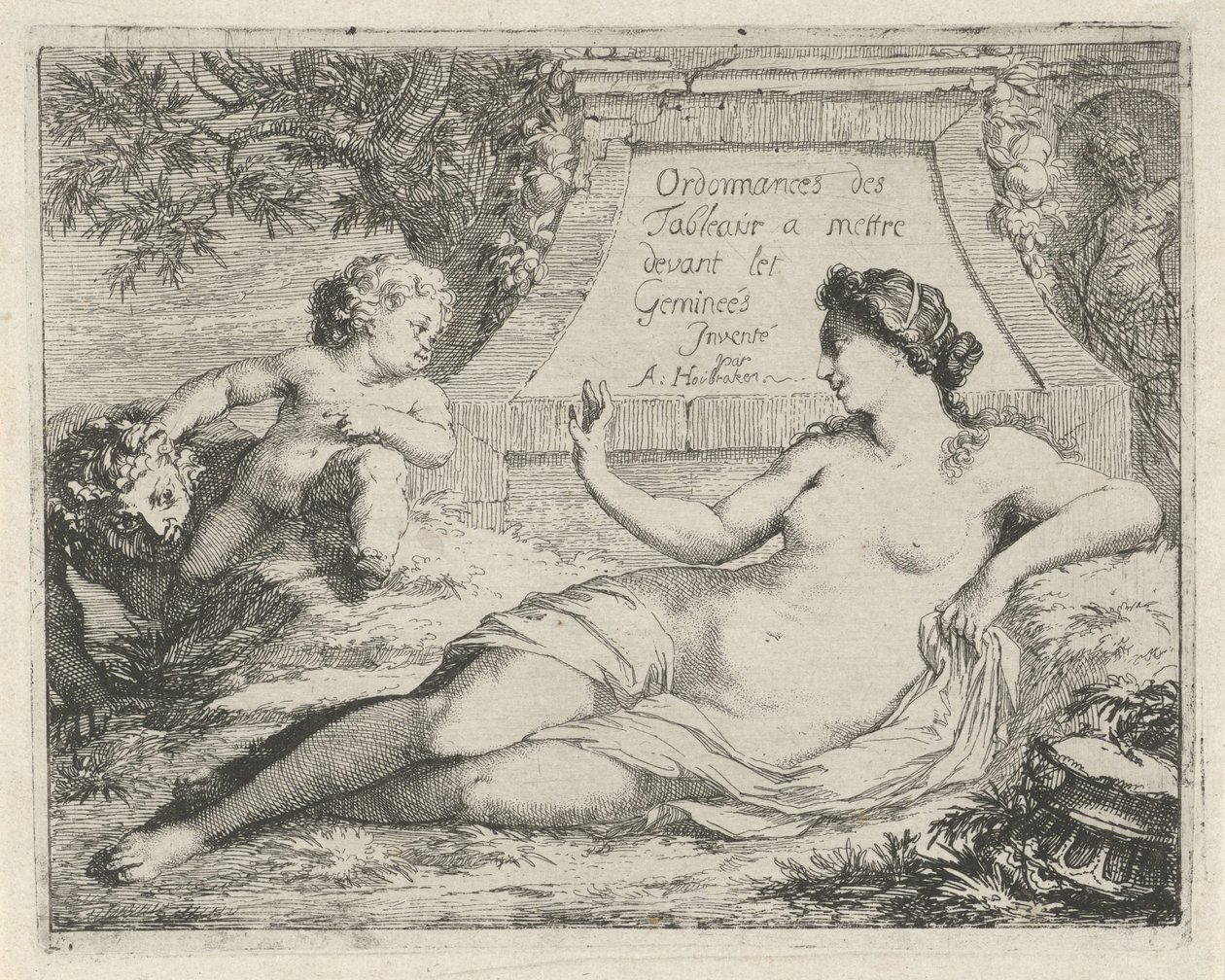 Wenus szpiegowana przez satyrę Ordonnances des tableaux a mettre devant les Gemineés (tytuł przedmiotu) Scena z grzesznymi posągami otwarta na służbę malarzy, posiadaczy posągów itp. (tytuł serii) autorstwa Arnold Houbraken
