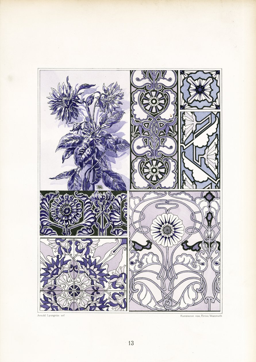 Chabrowy ornament w niebieskich odcieniach (litografia) autorstwa Arnold Lyongrün