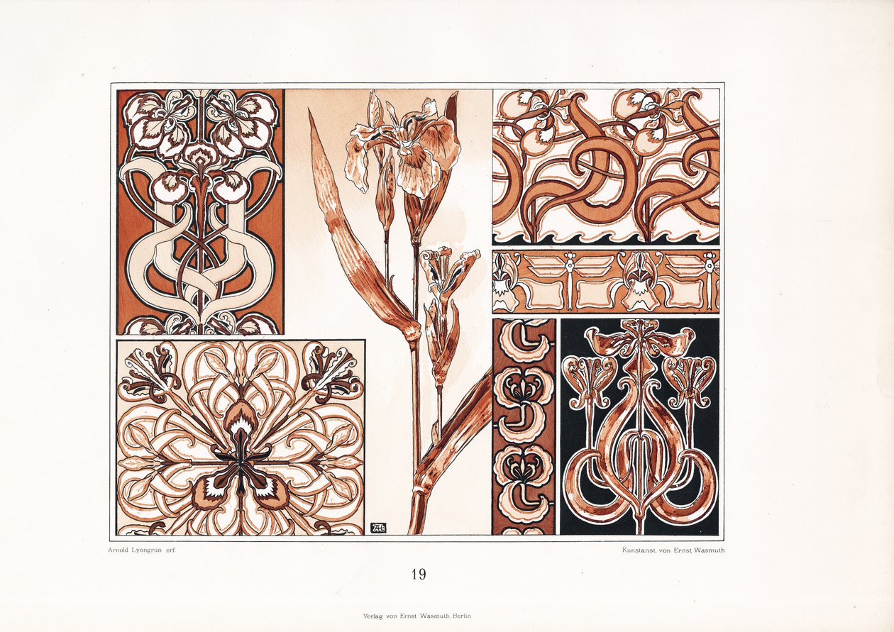 Iris Ornament Patterns w odcieniach brązu (litografia) autorstwa Arnold Lyongrün