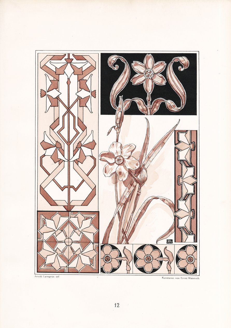 Motywy narcyzów i ornamenty geometryczne w odcieniach różu (litografia) autorstwa Arnold Lyongrün