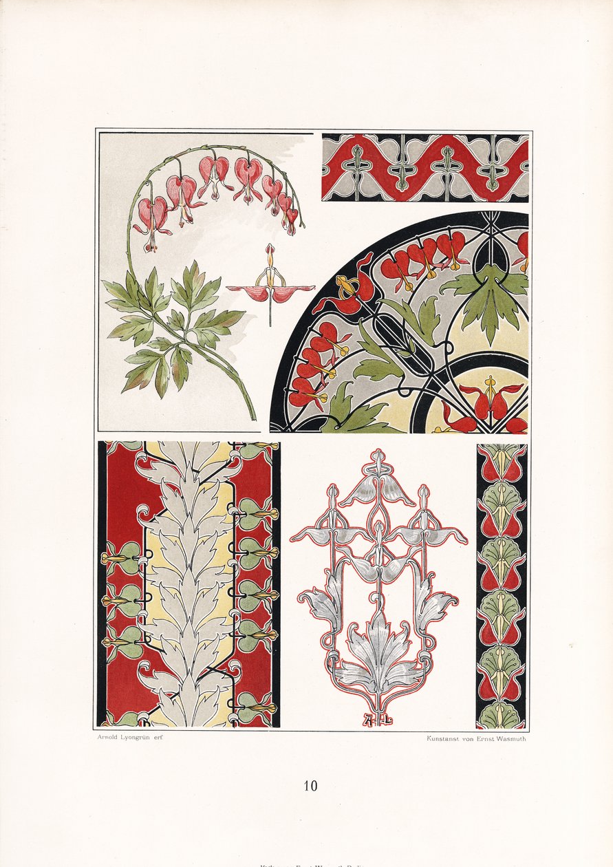 Studia ornamentalne z krwawiącymi sercami i stylizowanymi motywami liści (litografia) autorstwa Arnold Lyongrün