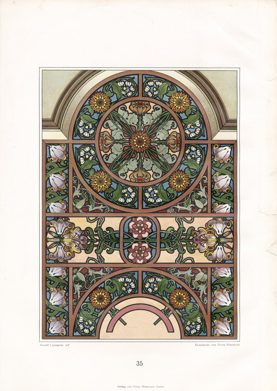 Ozdobny łuk okienny ze słonecznikami i tulipanami (litografia) autorstwa Arnold Lyongrün