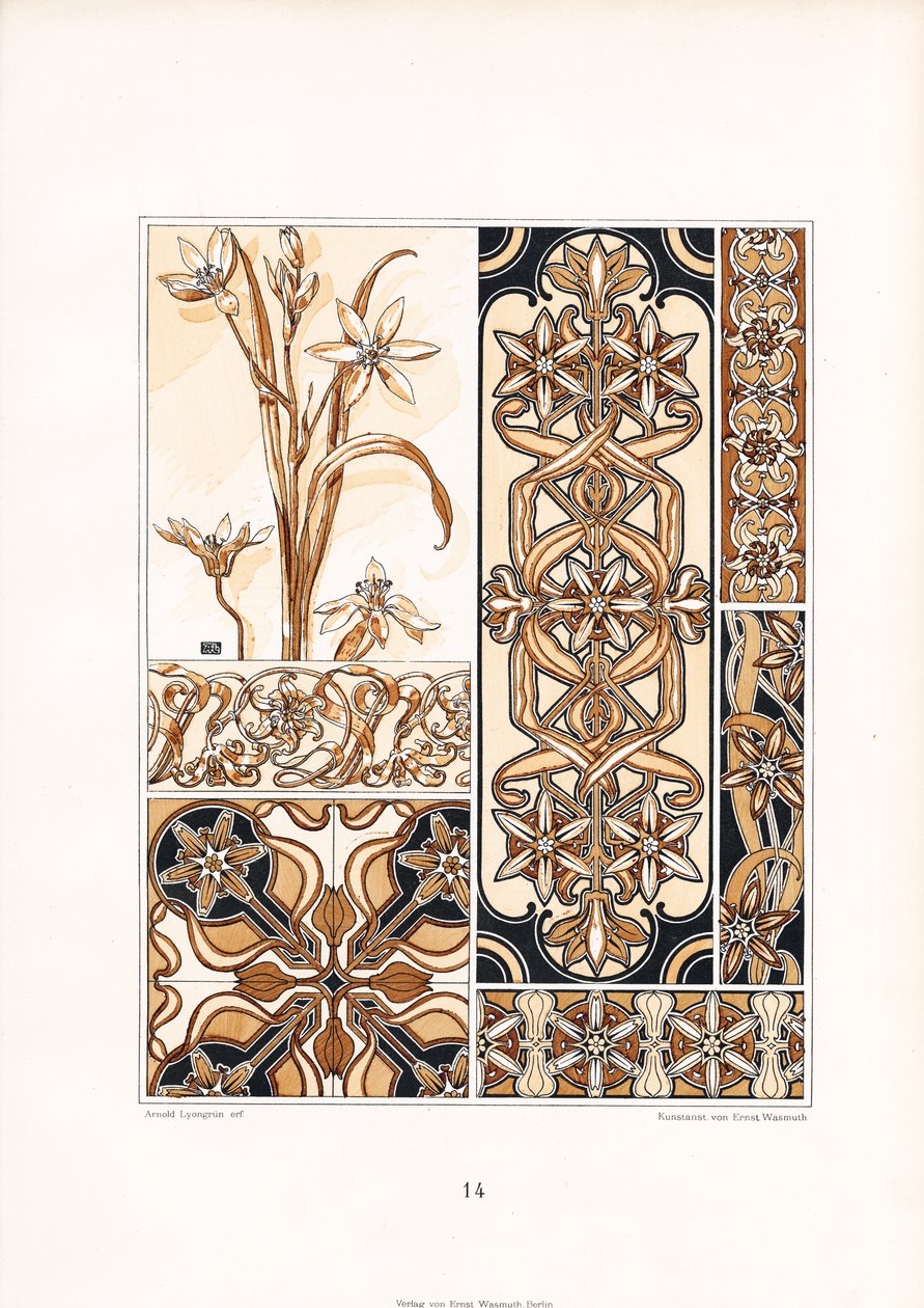 Stylizowane motywy lilii w odcieniach brązu (litografia) autorstwa Arnold Lyongrün