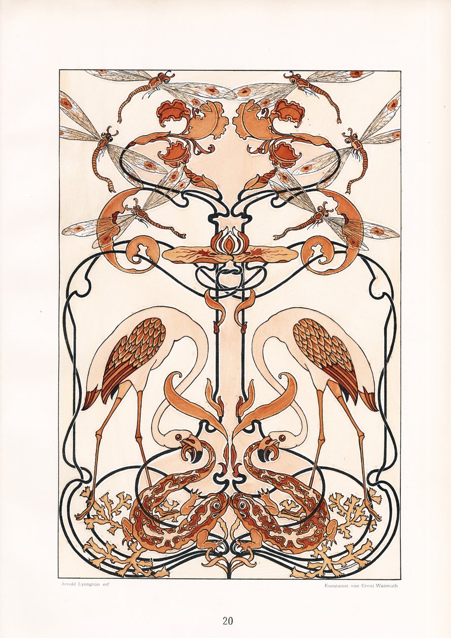 Symetryczny secesyjny ornament z ważkami, czaplami i mitycznymi stworzeniami (litografia) autorstwa Arnold Lyongrün