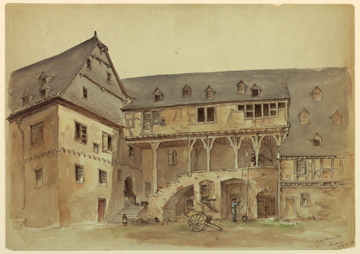 Rysunek, Dziedziniec średniowiecznego dworu, ok. 1889 r. autorstwa Arnold William Brunner