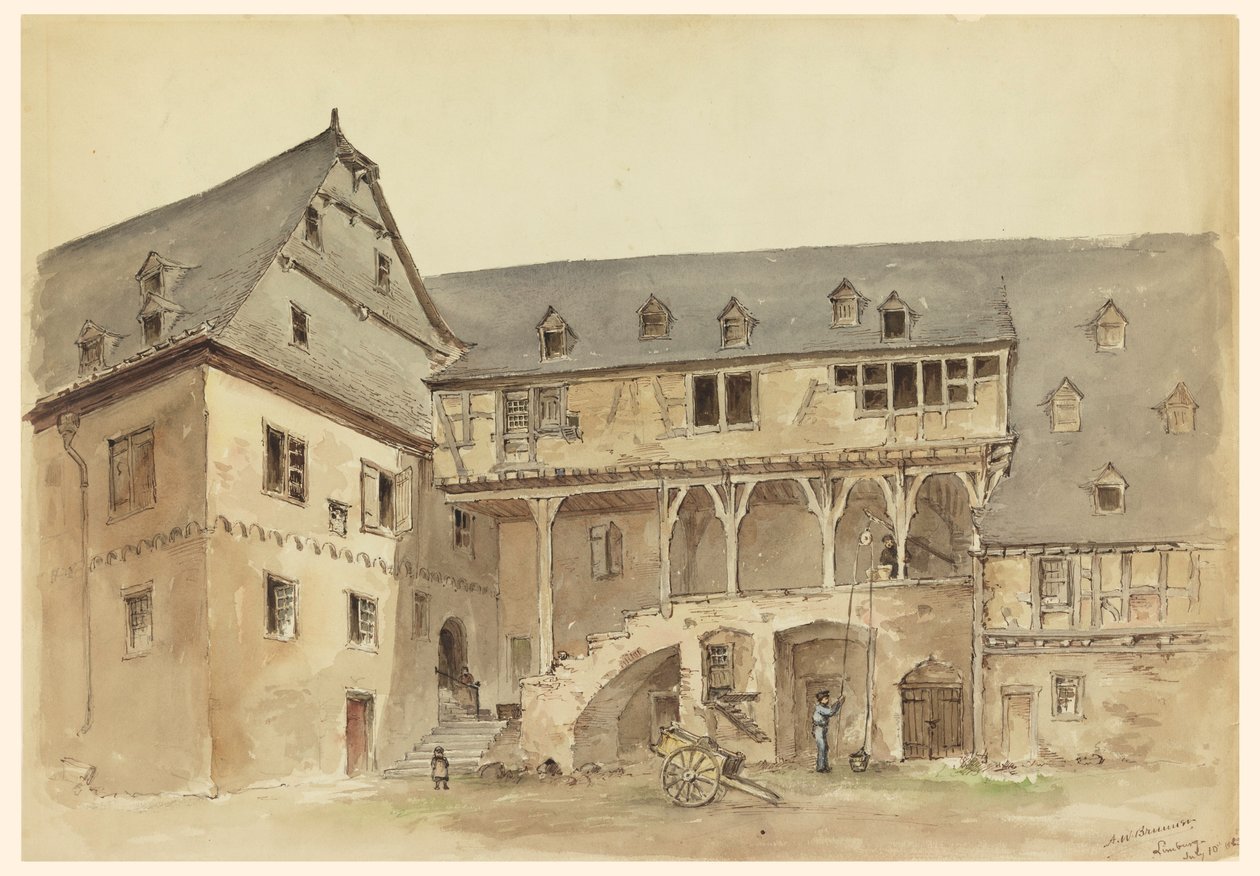 Rysunek, Dziedziniec średniowiecznego dworu, ok. 1889 r. autorstwa Arnold William Brunner