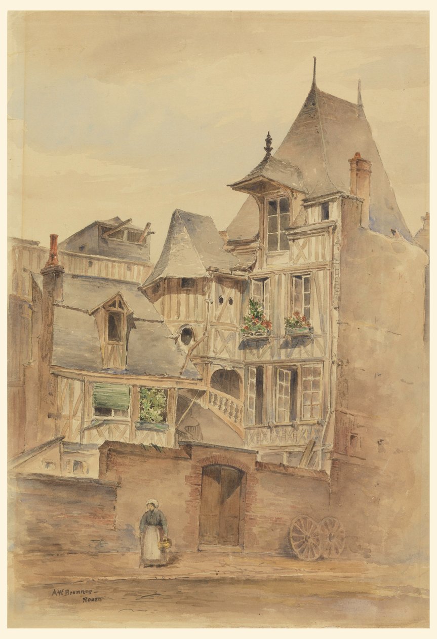 Rysunek, Scena uliczna ze średniowiecznymi domami, ok. 1885 r. autorstwa Arnold William Brunner