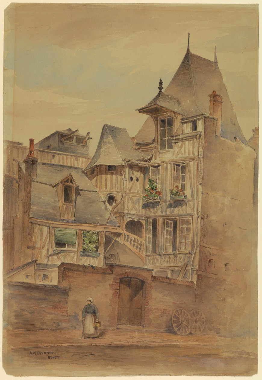 Rysunek, Scena uliczna ze średniowiecznymi domami, ok. 1885 r. autorstwa Arnold William Brunner